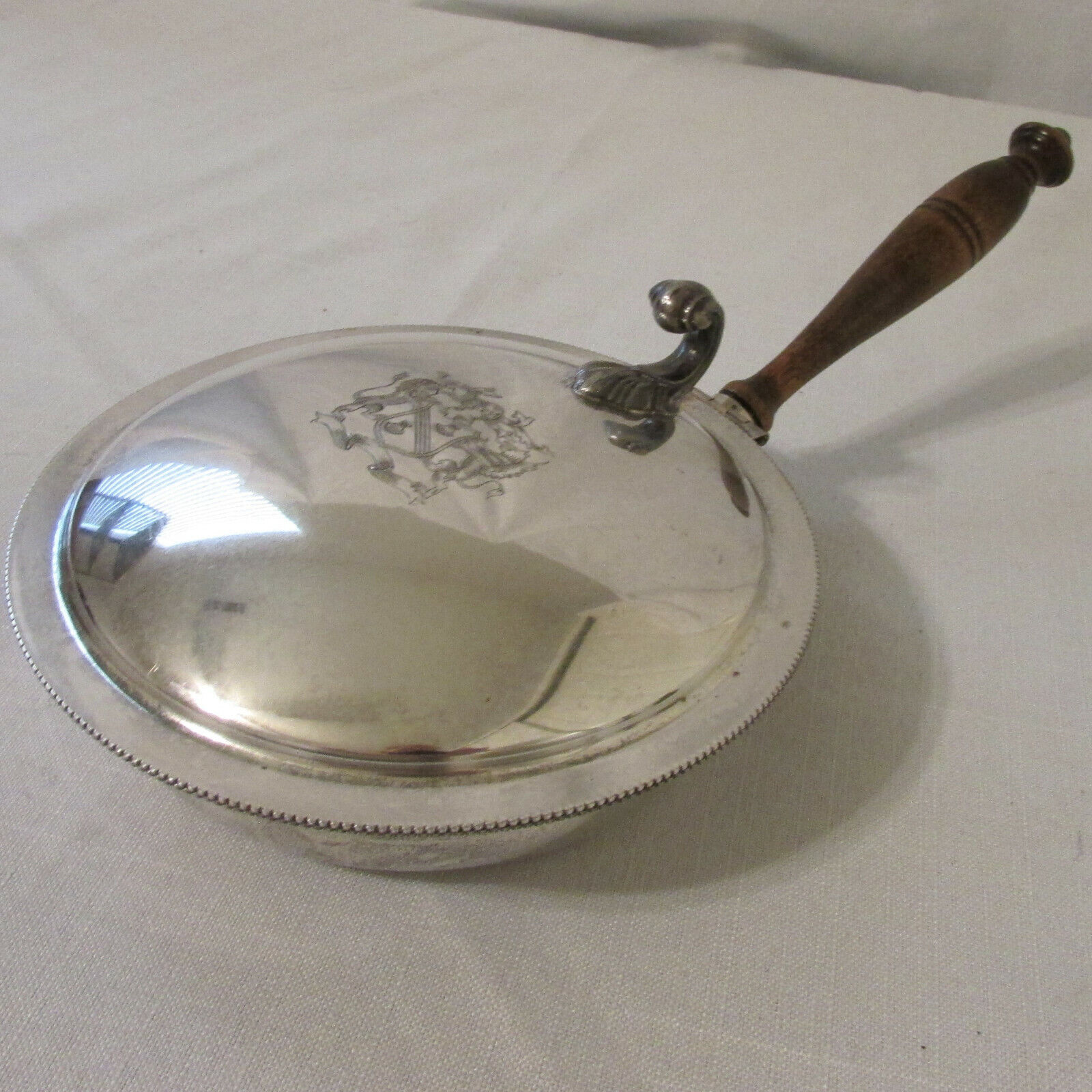 Antique FINA Silverplate Hinged Lid Silent Butler with Crest & Wood Handle