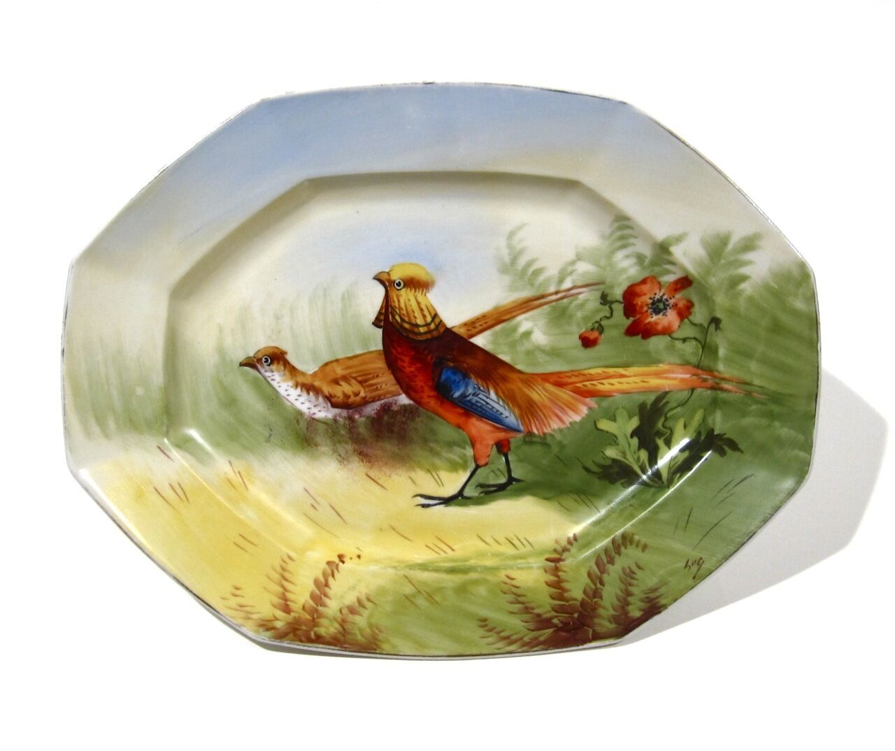 Antique French Limoges Hand Painted Platter, “Pheasants & Poppies”, Signed “Luc”