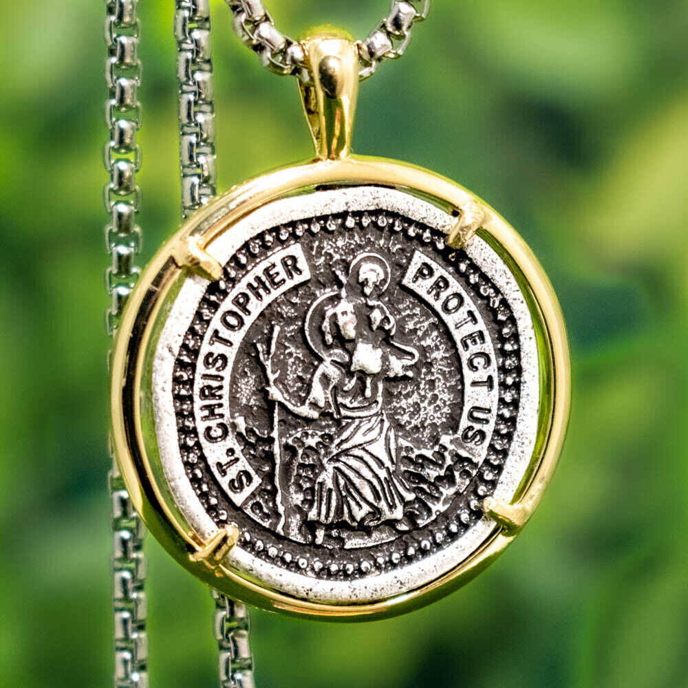 Saint St Christopher Medal Travelers Protection Pendant Necklace w 23\