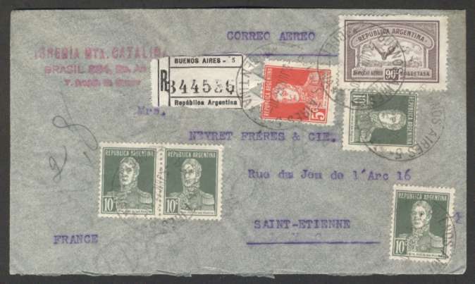Argentina To France Air Reg Cover 1933 w Pair Stamps + 4