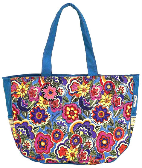 Laurel Burch Blossoming Flowers Canvas Teal Green Handbag Oversize Tote NWT