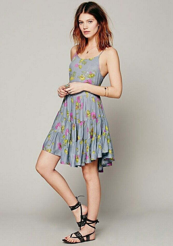 New Free People CIRCLE OF FLOWERS slip lace-up dress SMALL Sky Combo Retail  $88