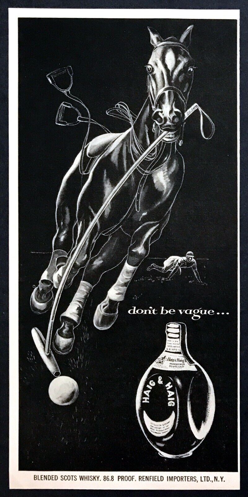 1954 Polo Horse Hitting Ball Throwing Rider art Haig & Haig vintage print ad