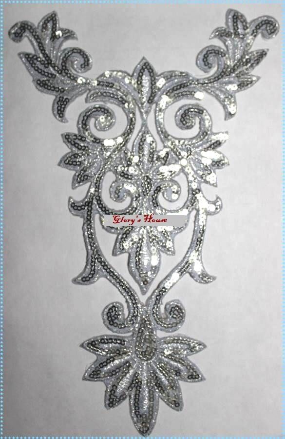GB345 Silver Bodice Yoke Sequin Applique Floral Motif 9.75\