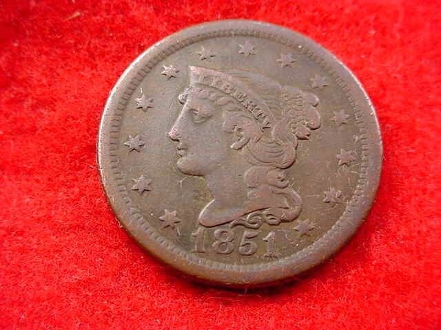 1851 BRAIDED HAIR LARGE CENT VERY FINE++ BROWN COIN---FREE SHIPPING   #260
