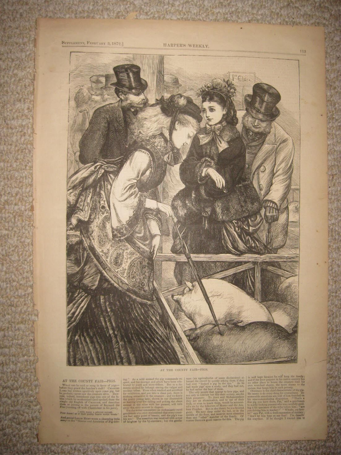 ANTIQUE 1872 COUNTRY FAIR PIG VICTORIAN FEMALE WOMENS FASHION ART PRINT SUPERB