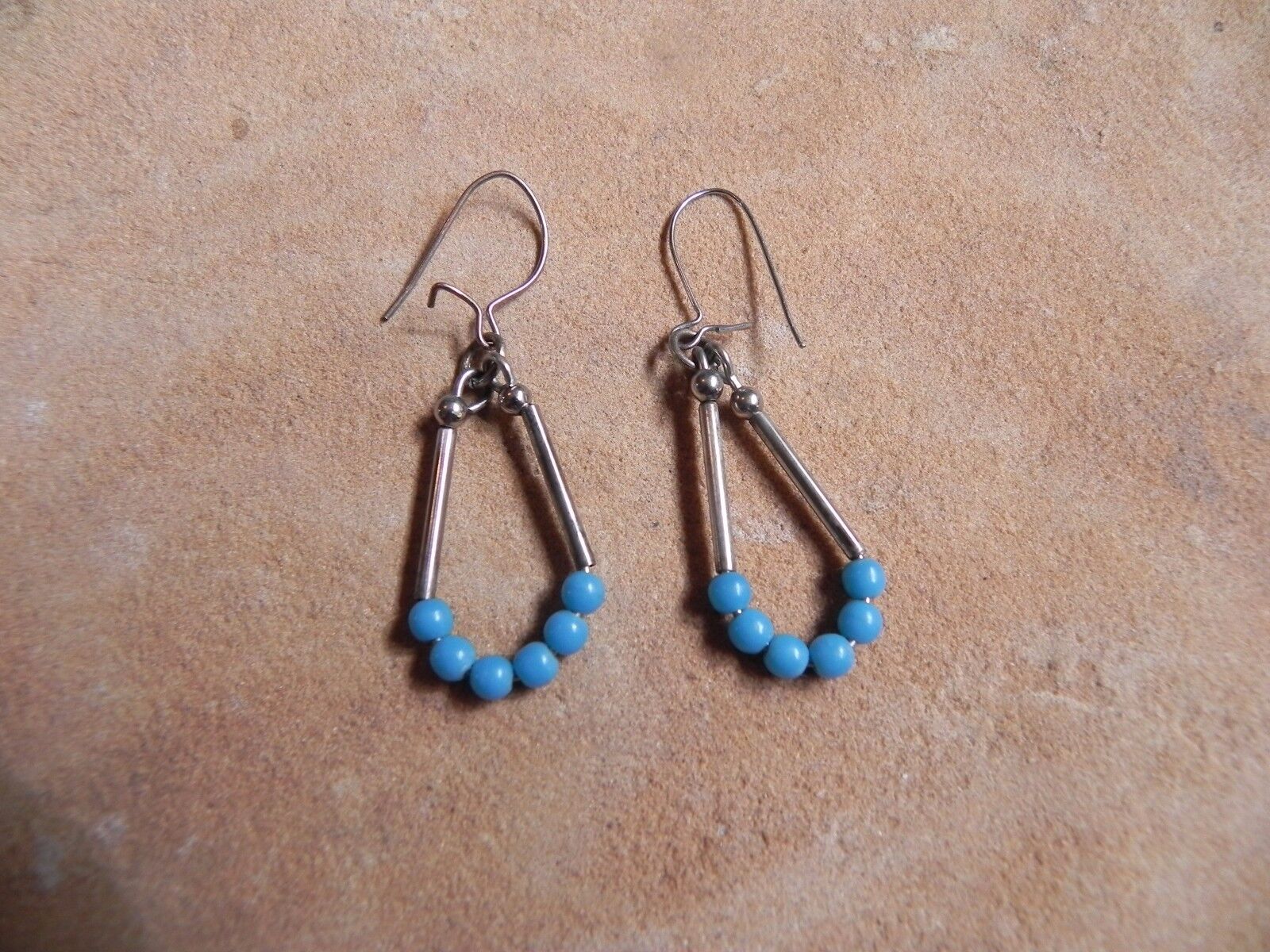 Turquoise & Sterling Silver tube & round beads dangle Earrings Navajo