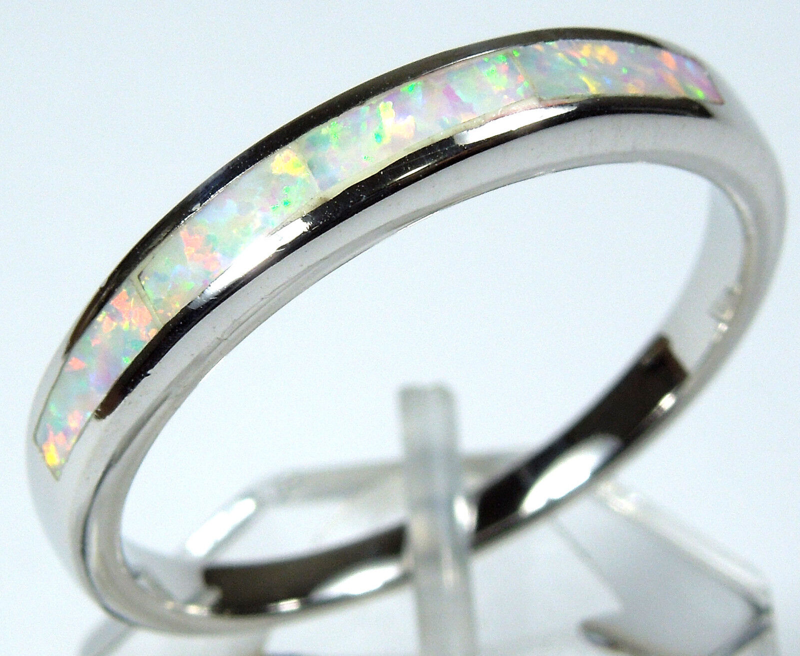 Quality White Fire Opal Inlay Genuine 925 Sterling Silver Band Ring All Sizes