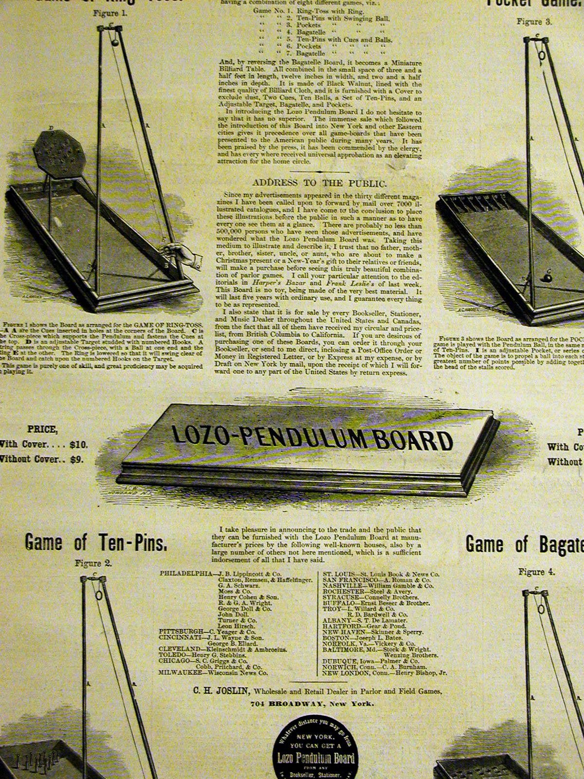 JOSLIN GAMES AD Lozo Pendulum Board Ring Toss Pocket Ten Pin Bagatelle 1870 Mat