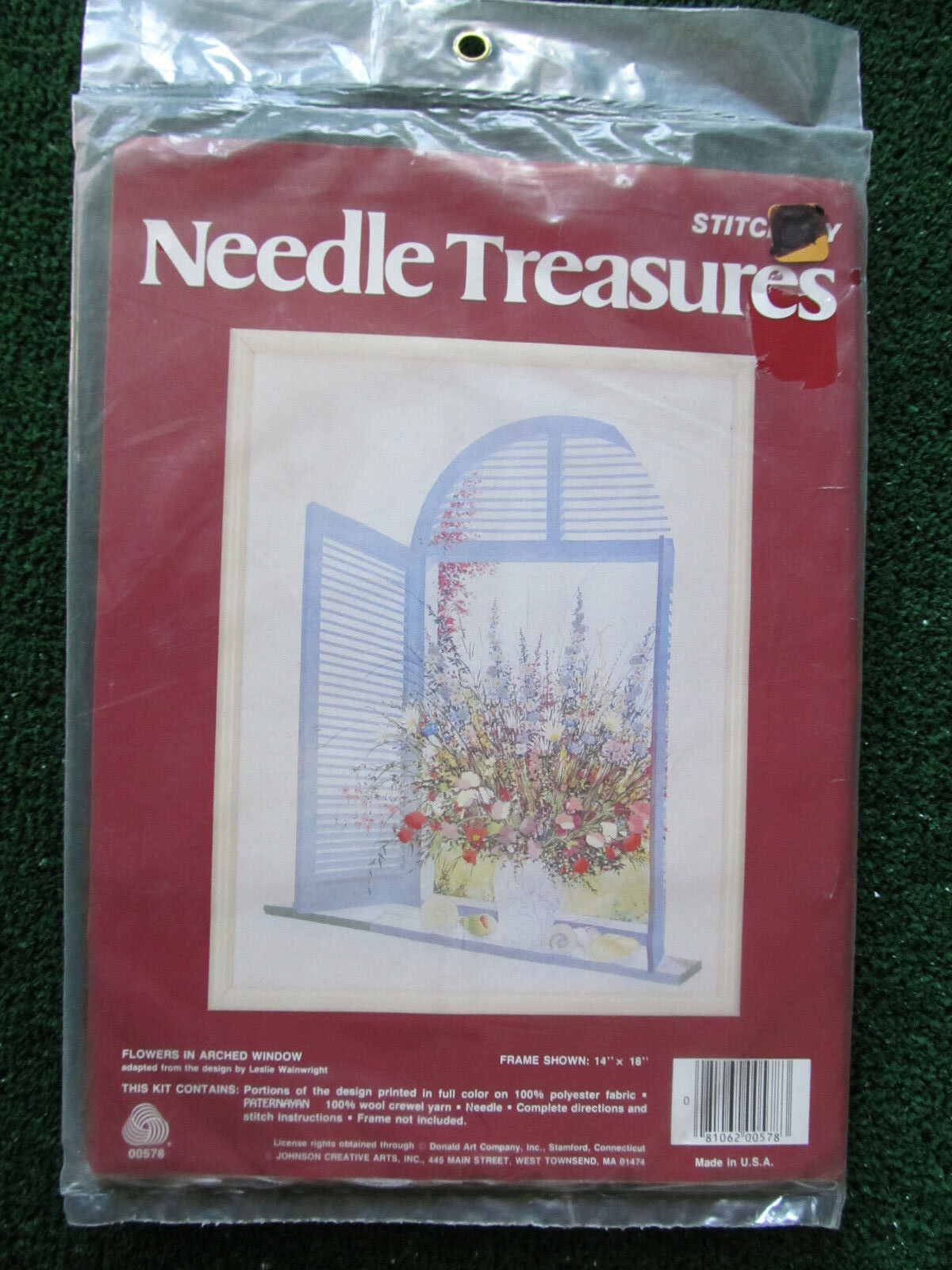 Needle Treasures Stitchery Flowers In Arched Window. Leslie Wainwright Design. 