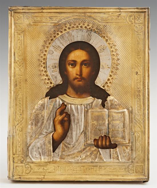 Russian Icon of Christ Pantocrator, 1892, Moscow, with a gilt silver ... Lot 279