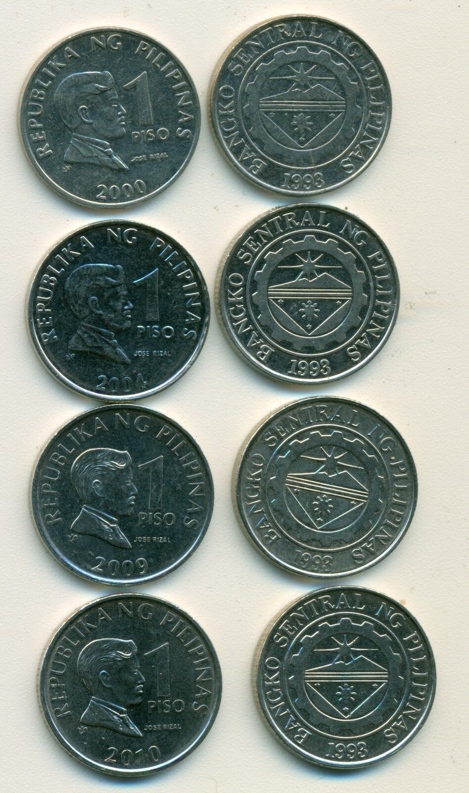 4 DIFFERENT 1 PISO COINS from the PHILIPPINES (2000, 2004, 2009 & 2010)
