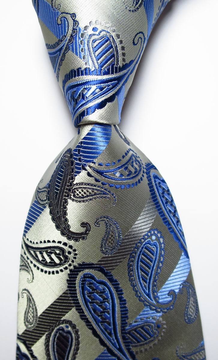 New Classic Paisley Silver Grey Blue JACQUARD WOVEN 100% Silk Men\'s Tie Necktie