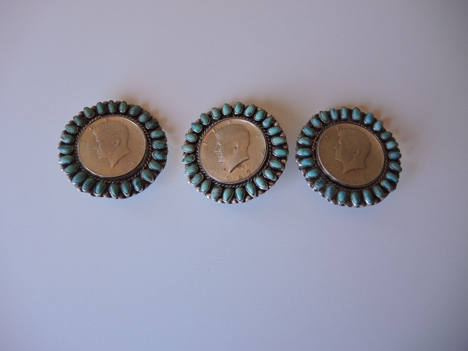 Three Vintage Turquoise Native American Sterling Silver Kennedy Pins 