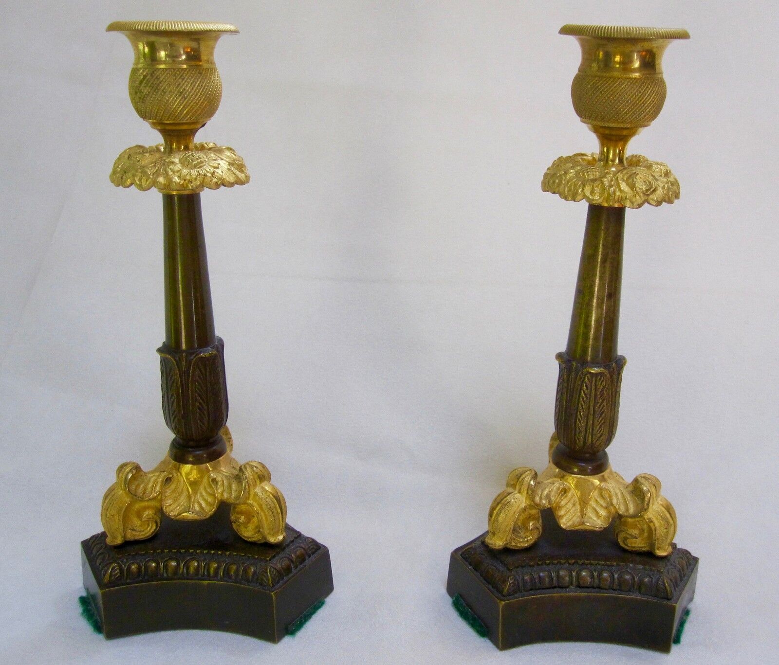 AUTHENTIC 19TH CENTURY FRENCH GILT & PATINATED BRONZE CANDLESTICKS (PR)