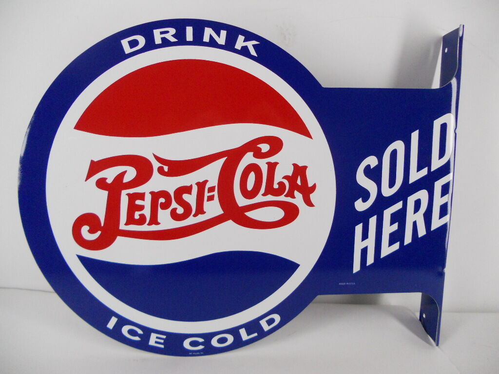 Pepsi Cola Double Sided Flange Sign Metal Soda Bottle Vintage Style Advertising 
