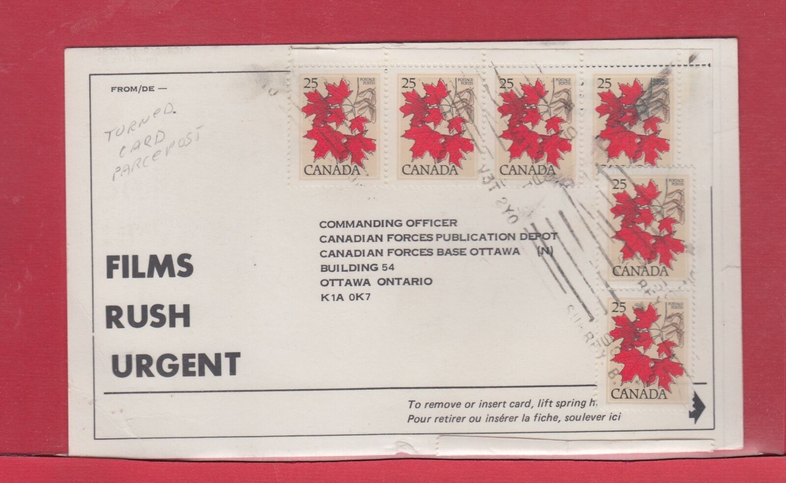 RARE Double use, turned card parcel post 5 x25 & $2.10 meter 1979 Canada cover
