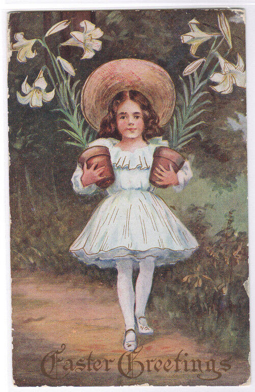 Girl Easter Lilies Lily Greetings 1910c postcard