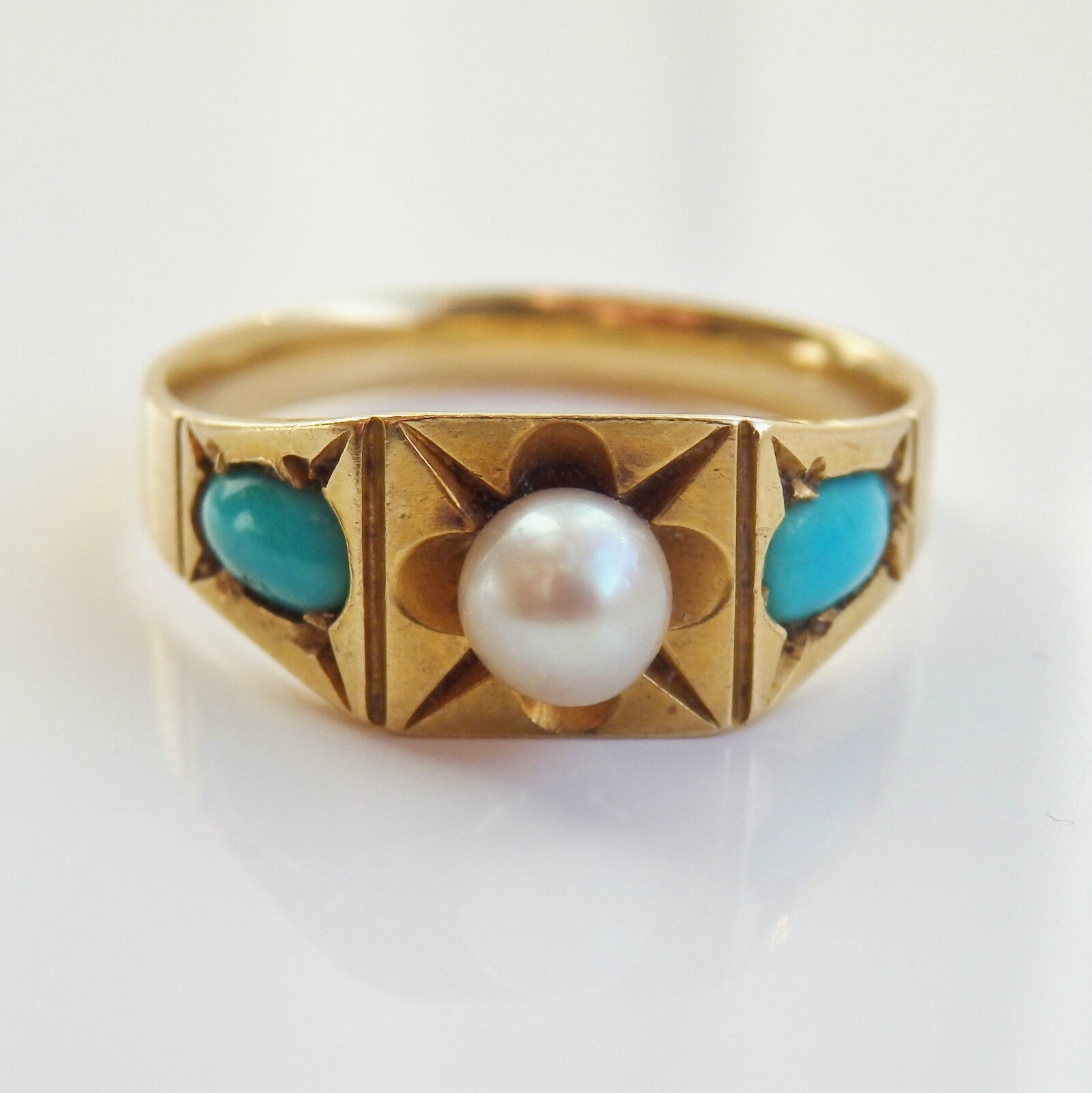 Stunning Antique Victorian 18ct Gold Turquoise & Pearl Ring c1895; Size \'K 1/2\'