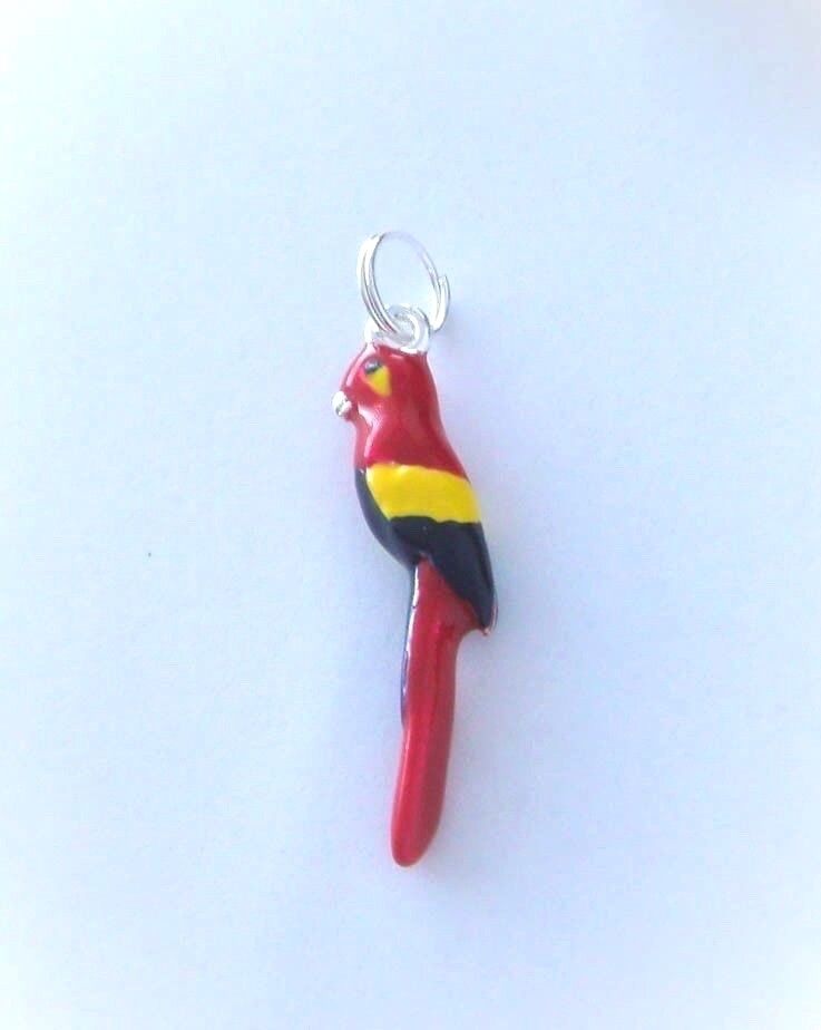 Silver Plated Parrot Bird Charm, 3D, Red, Yellow, Green Enamel, USA Seller