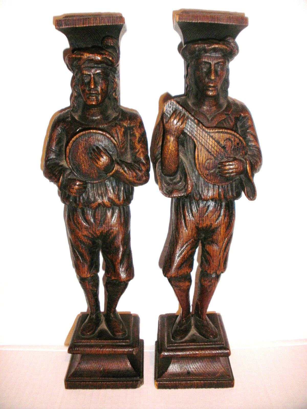 Pair Antique 18/19thc wood candlesticks figures mandolin player musician Italian