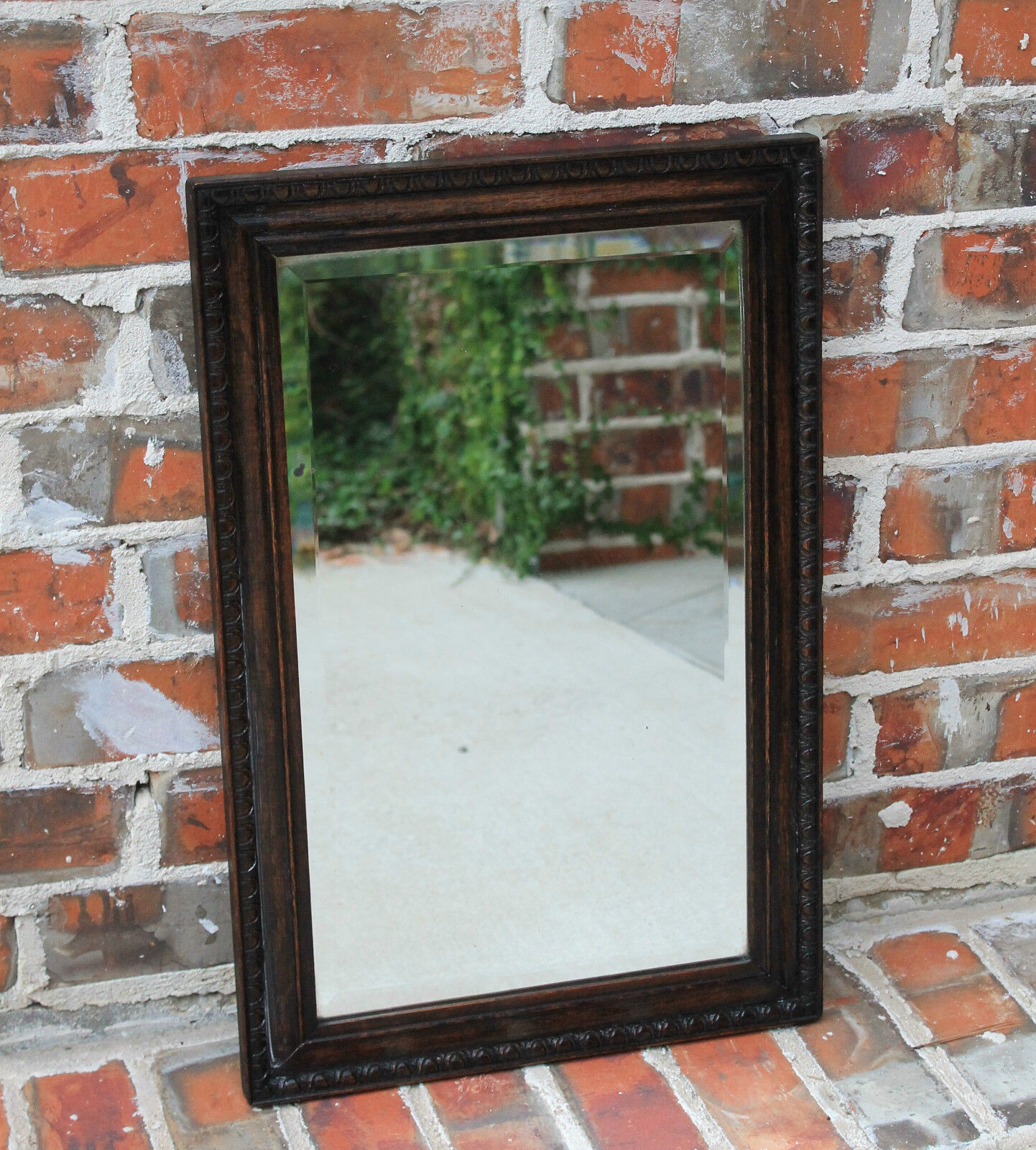Antique English Small Rectangular Carved Dark Oak Framed Beveled Wall  Mirror