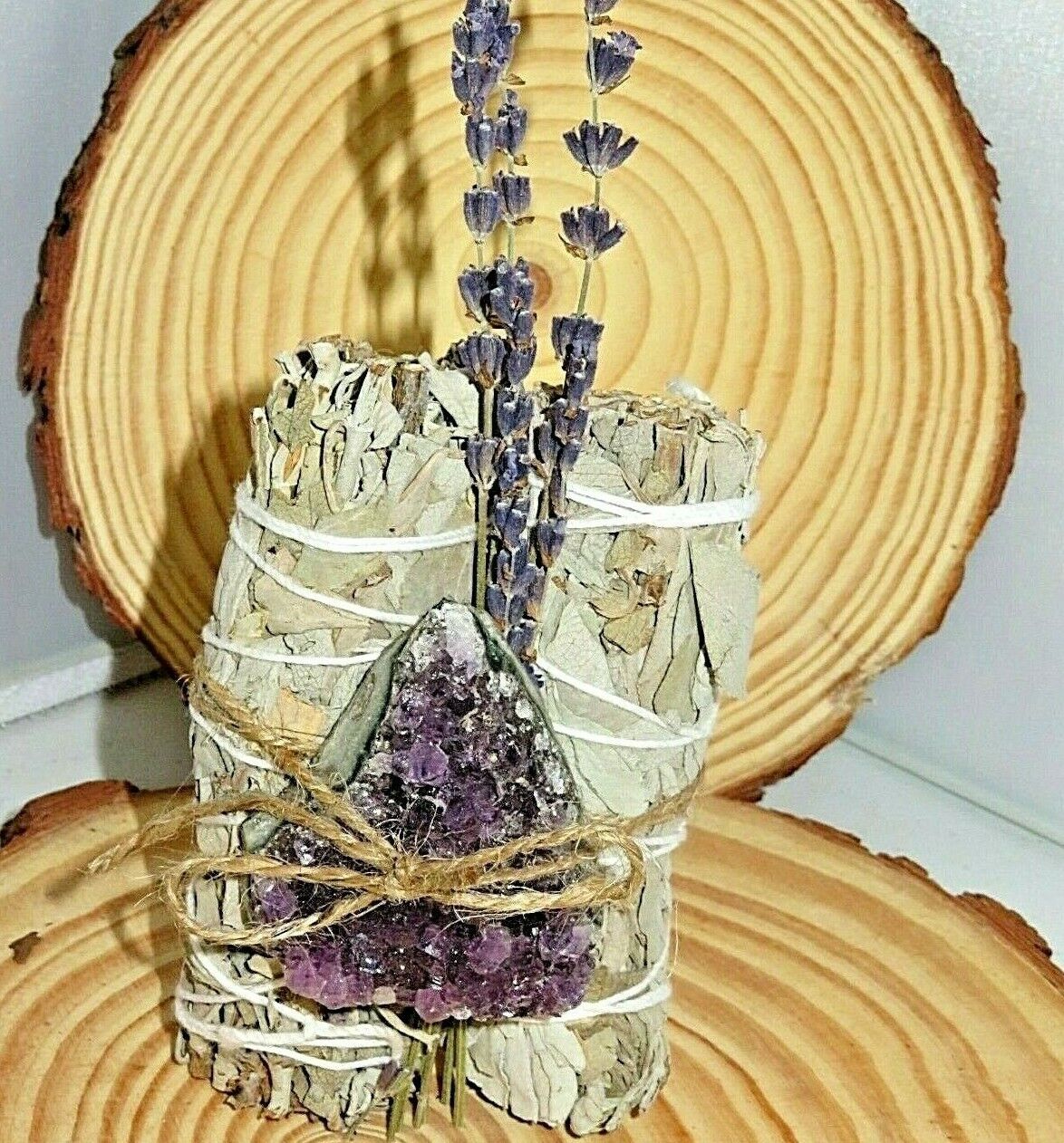 Meditation Kit Smudge and Crystals Amethyst Cluster French lavender and 2 Sage 