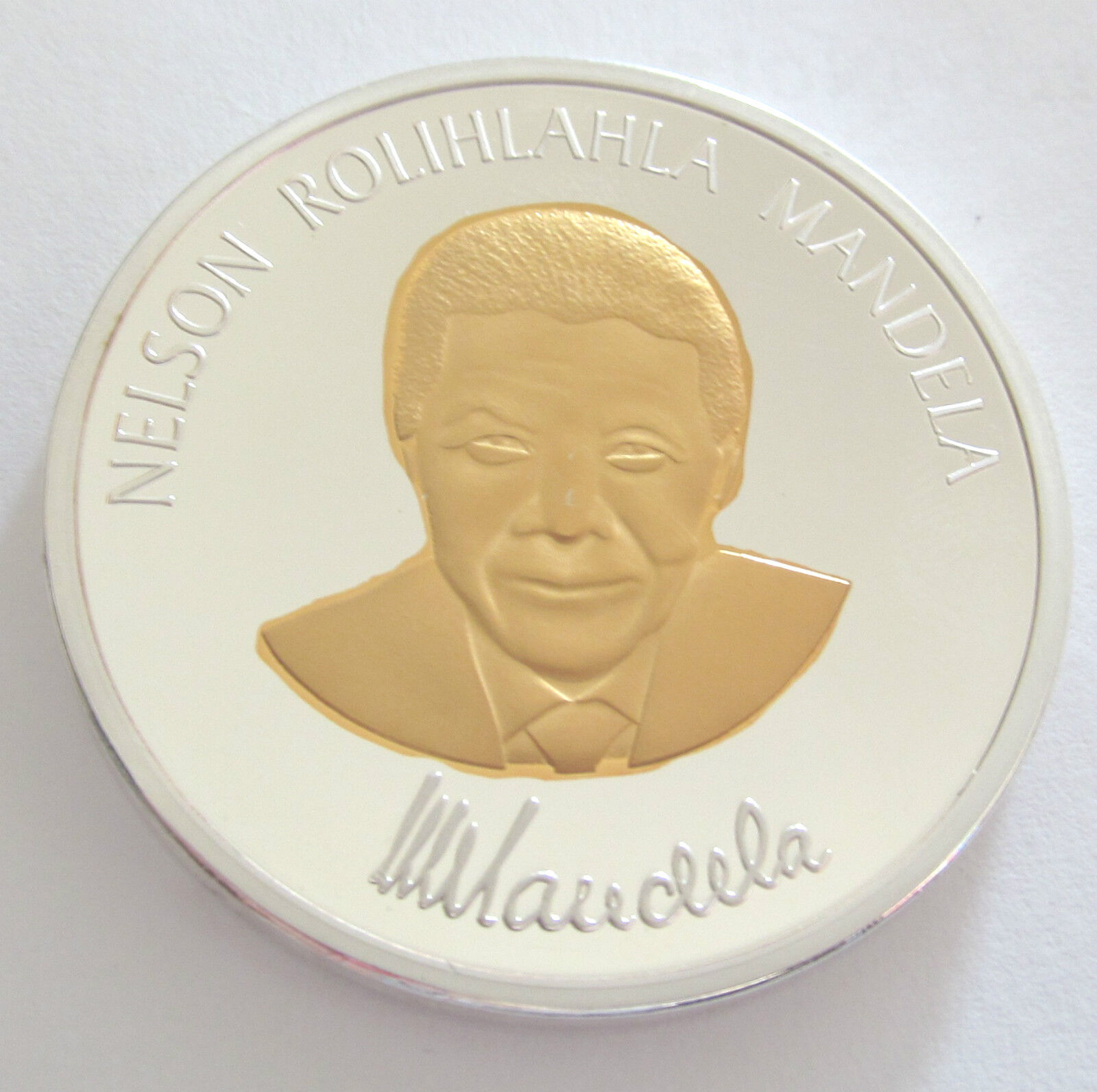 Nelson Mandela Two Tone Silver & Gold Plated Coin Medal South Africa Autographed
