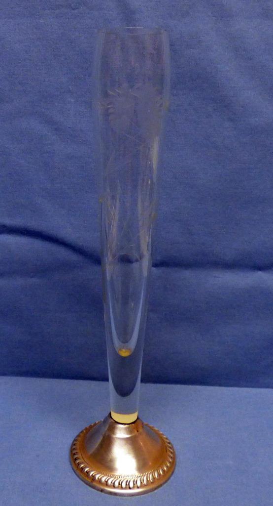 Duchin Creation Weighted Sterling  Base Etched Glass Bud Vase  Marked Vintage