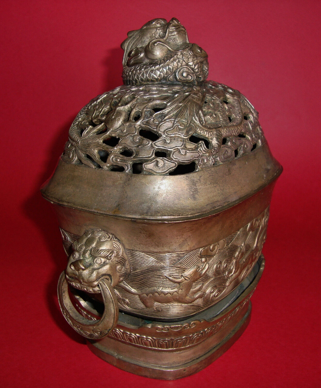 QING DYNASTY CHINESE DRAGON Chasing the FLAMING PEARL w/ FOO DOGS Bronze Censer