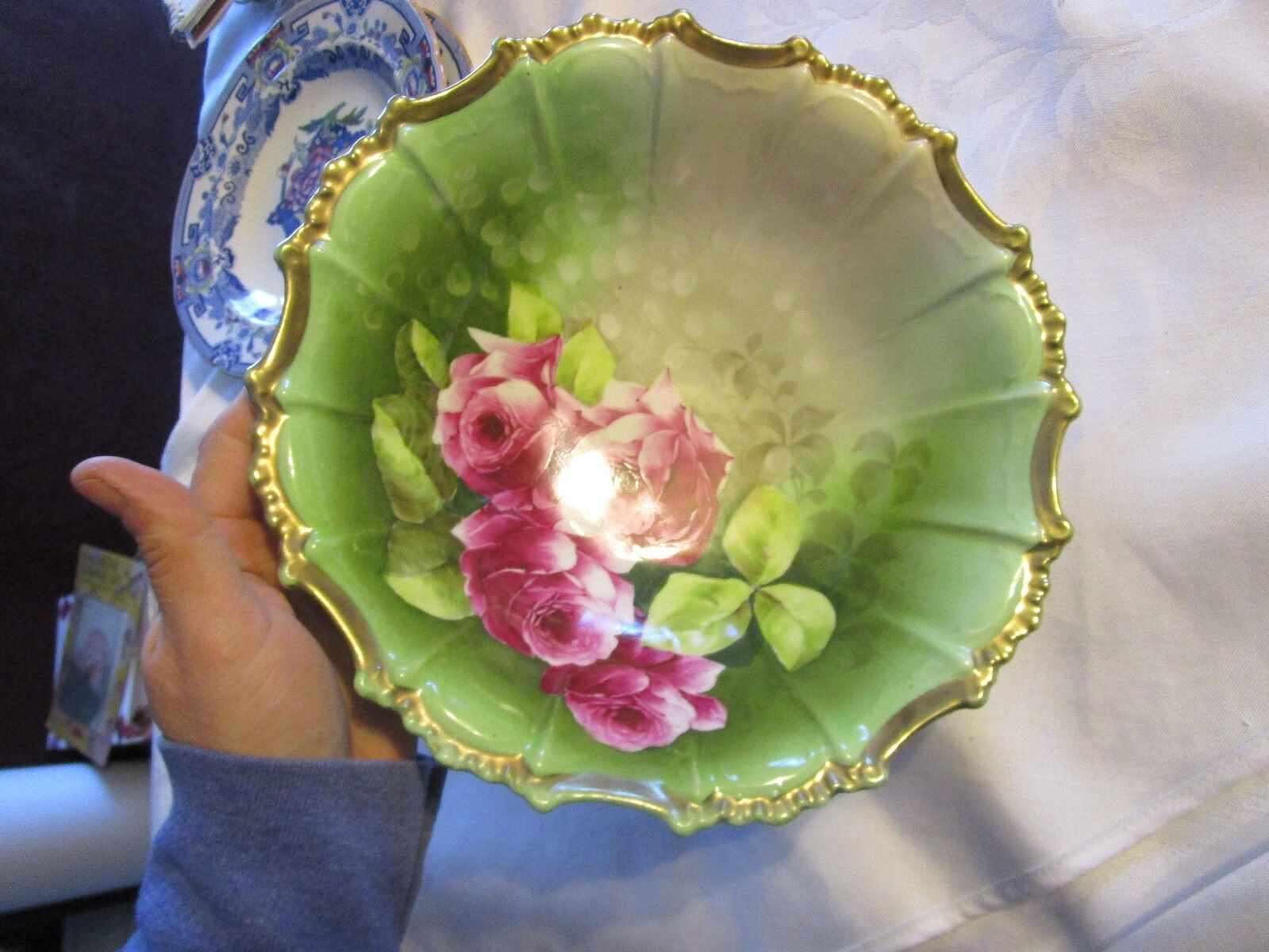 Antique German porcelain hand painted bowl green red roses gold rim 10\