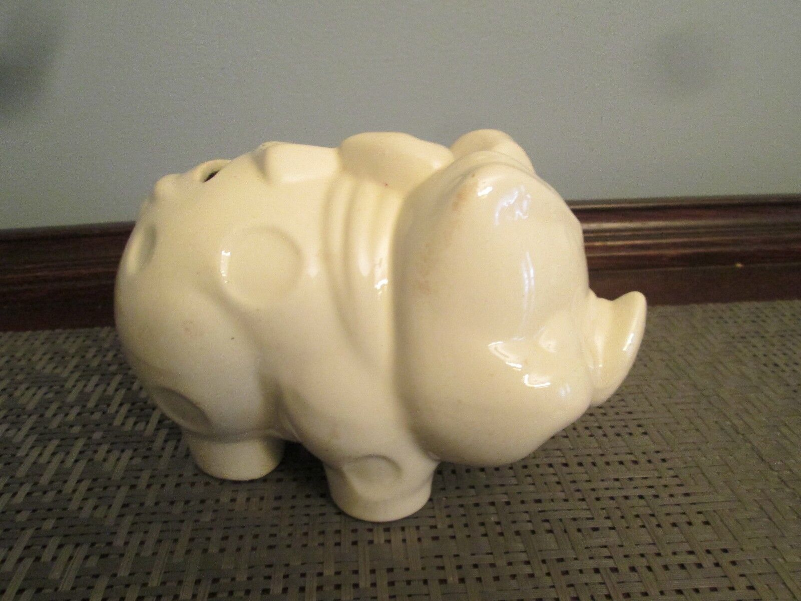 Vtg Ceramic Porcelain Fat Piggy Bank w dots not painted cream color hull RARE