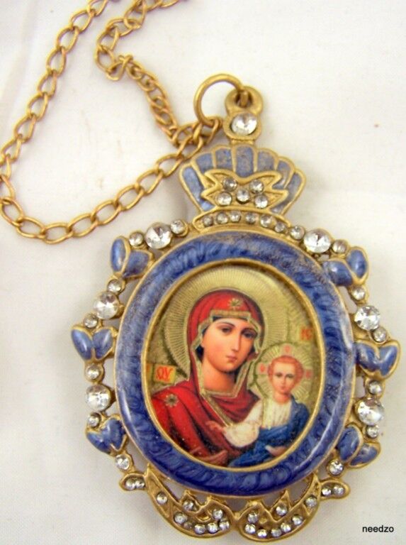 Virgin Mary Madonna & Child Religious Enamelled Icon Medal  Russian Pendant