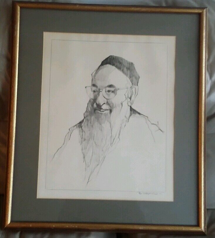 Superb Butterfield Original Vtg Painting Of Rabbi Black Charcoal Jewish Judaica 