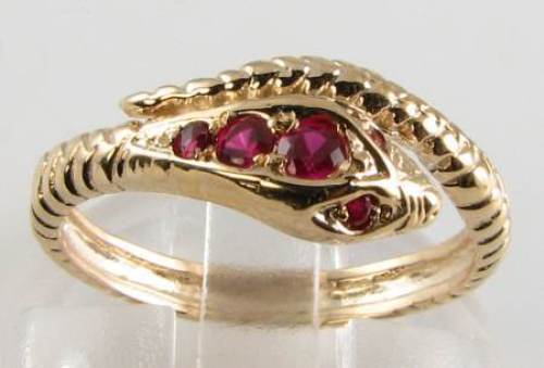 LOVELY 9CT 9K GOLD VICTORIAN INS RUBY COILED SNAKE RING FREE RESIZE