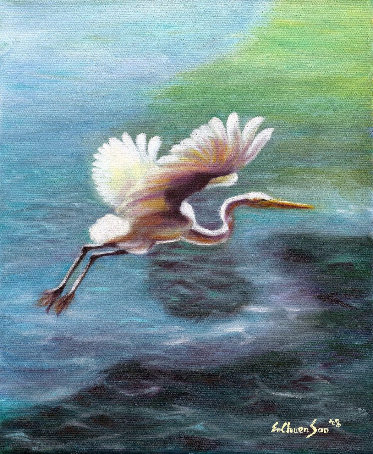 Original Oil Painting of Snowy Egret - Born To Fish, 8x10in, Framed, Signed 