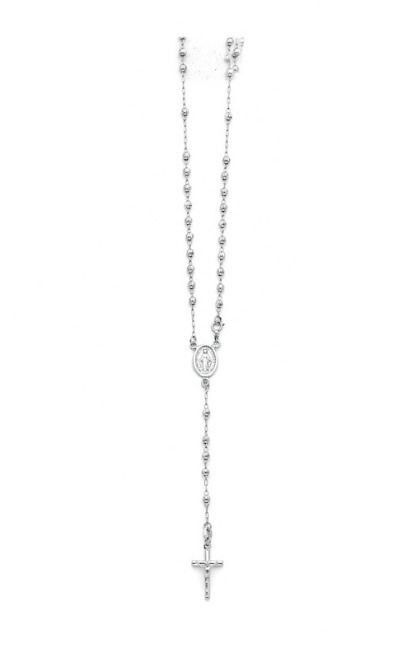 14K Solid White Gold 3mm Beads Cross Virgin Mary Rosary Necklace Rosario Oro