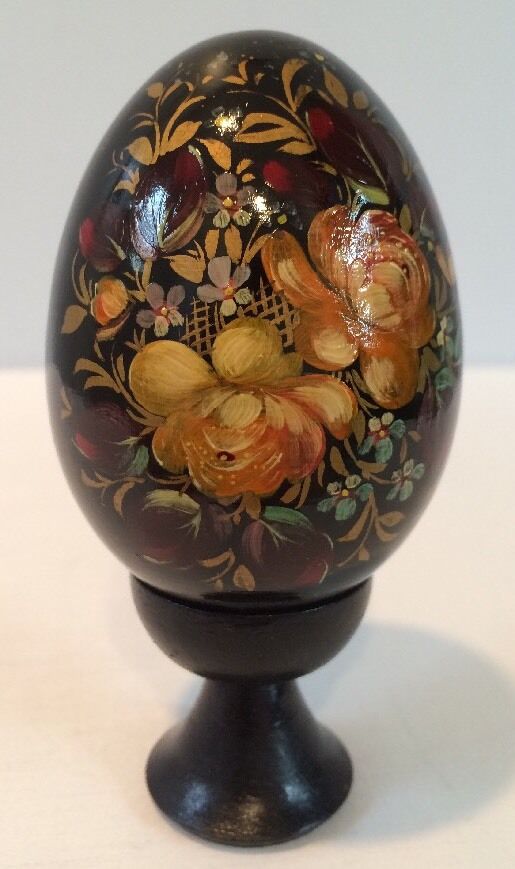 VTG Russian Solid Wood Hand Painted & Lacquered Floral Easter Egg With Stand
