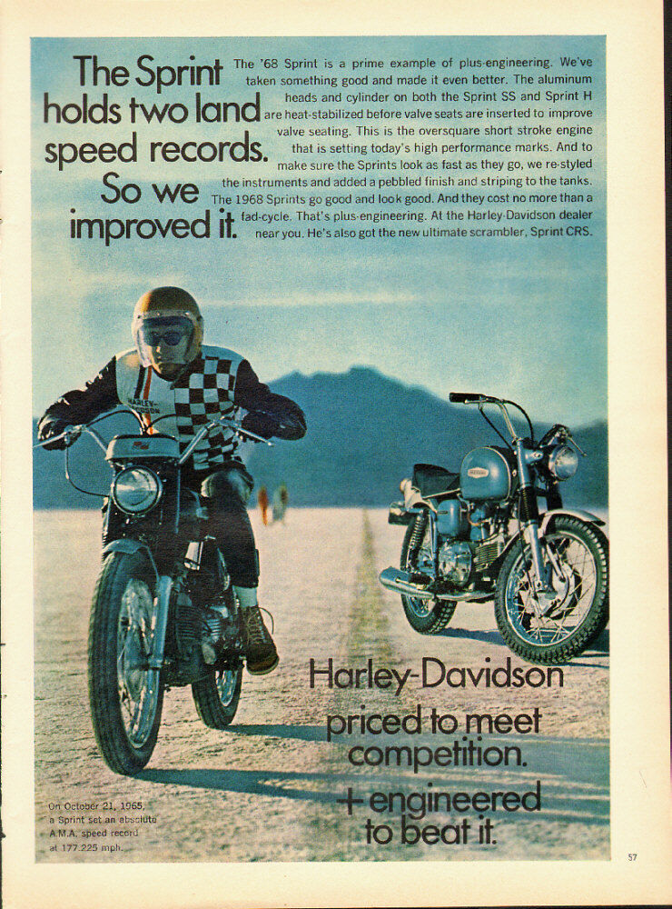 1968 vintage motorcycle ad, Haley-Davidson \'Sprint\