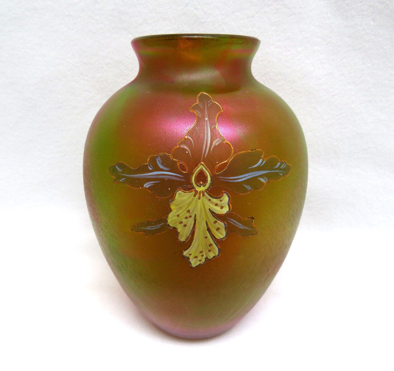 Antique Harrach Orchid Iridescent Art Glass Vase w/ Enamel & Gilt ~ XLNT.