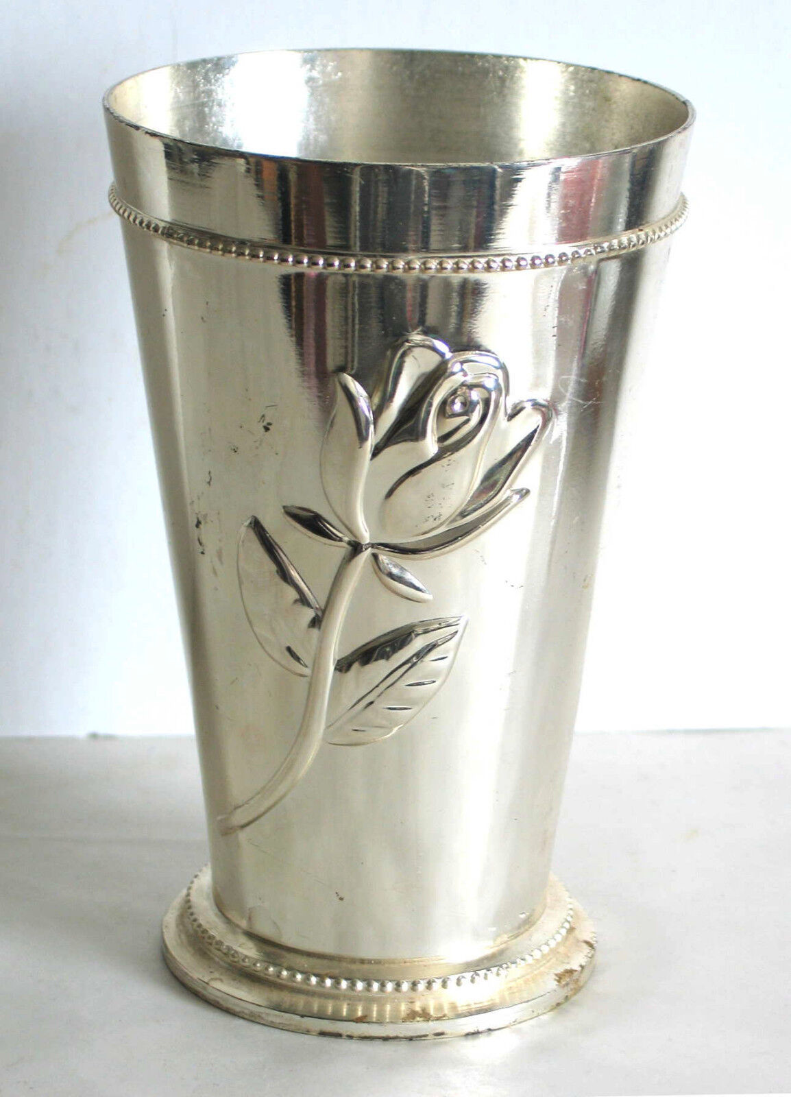 Embossed Rose Silver Tone Metal Beaded Flower Vase Teleflora 6.25\