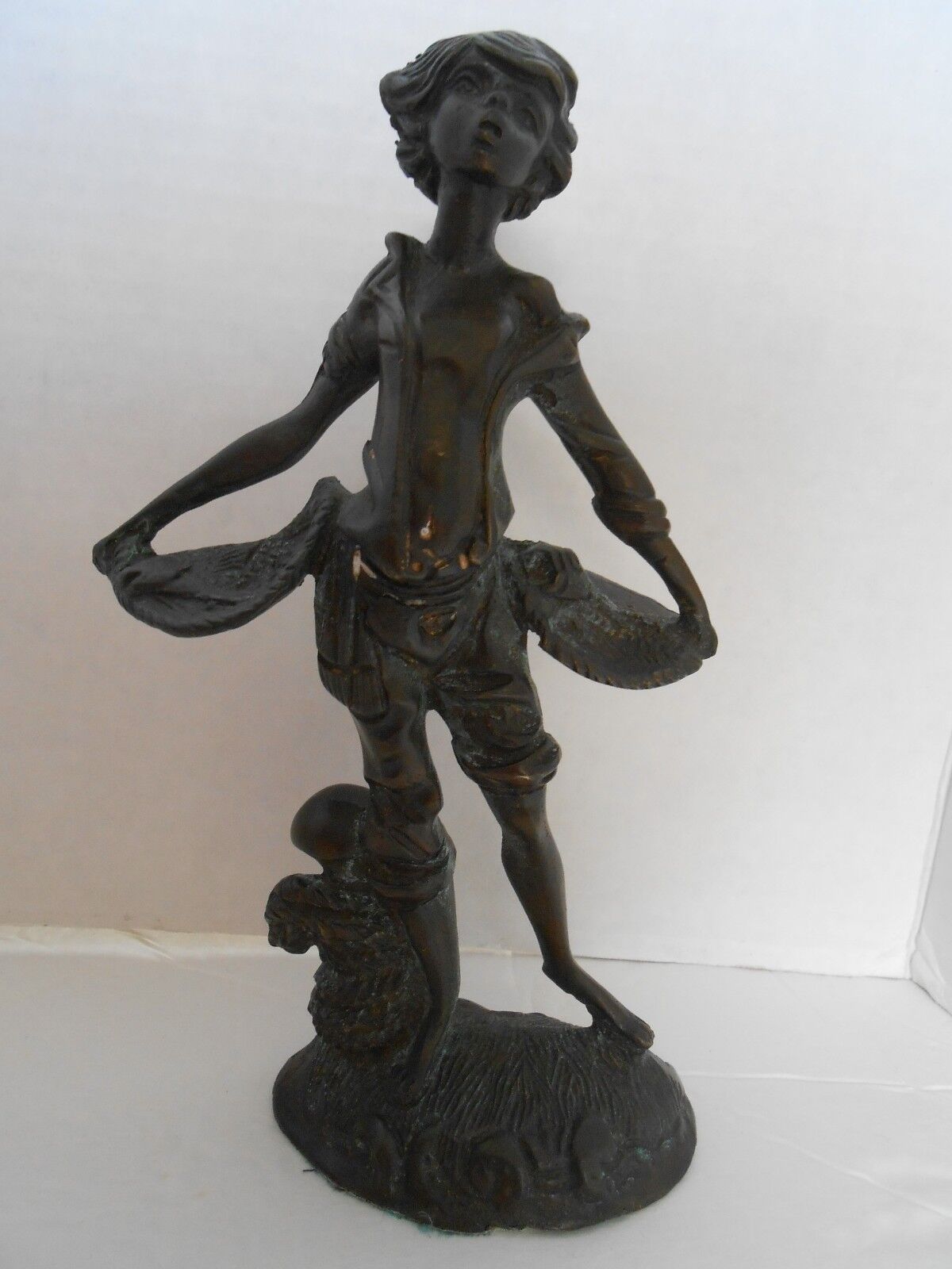 BRONZE SCULPTURE STATUE FISHERMAN BOY WITH TRAYS OF FISH