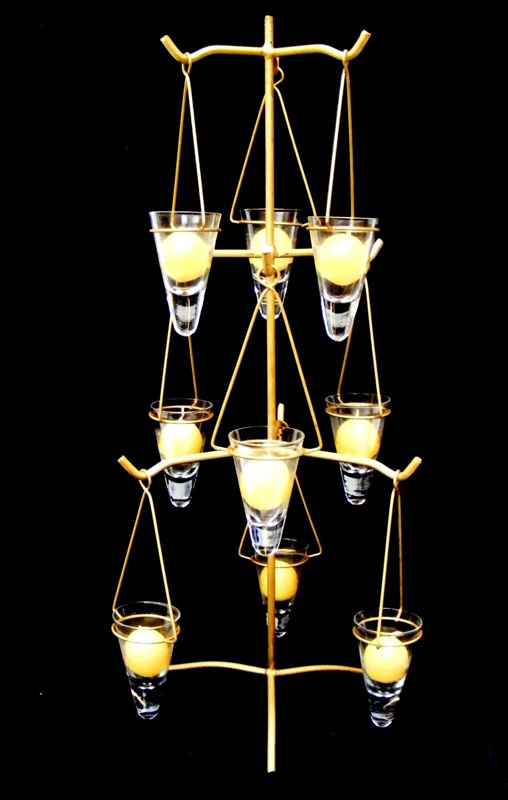 Candle Tree Holder, Metal Gold Tone with 9 Individual Votive Glass Drop Holders 