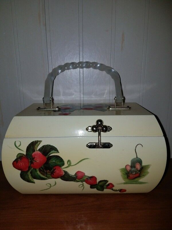 Vintage Vicki Jean wood purse or Jewelry Box. Hand Painted with 3D strawberries.