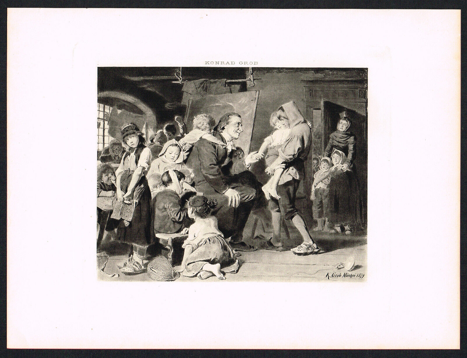 1890\'s Old Antique Johann Heinrich Pestalozzi & Children Art Photogravure Print