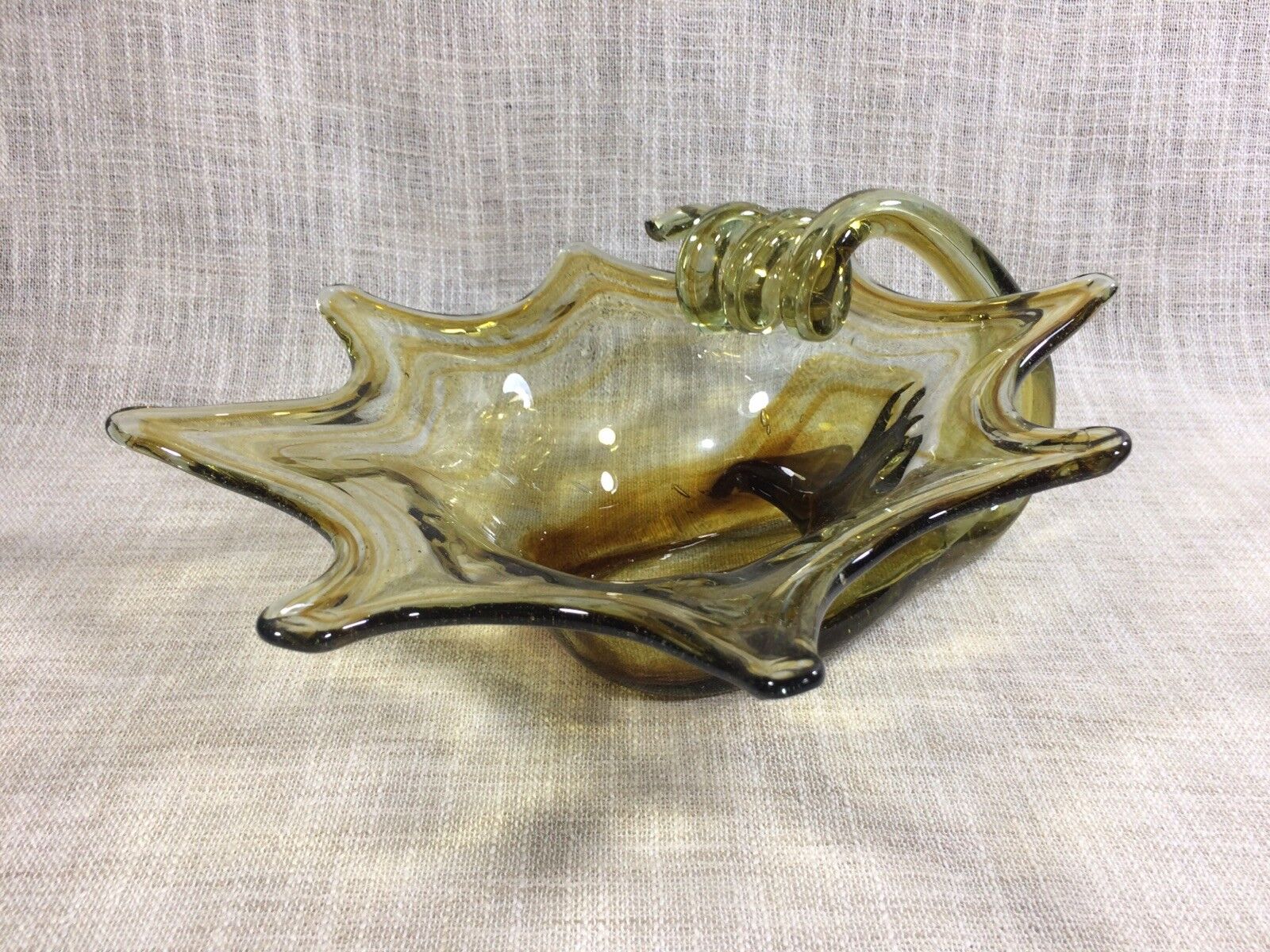 Hand Blown Art Glass Candy Dish Green and Honey Smoke Curly Handle 12 by 5 Inch