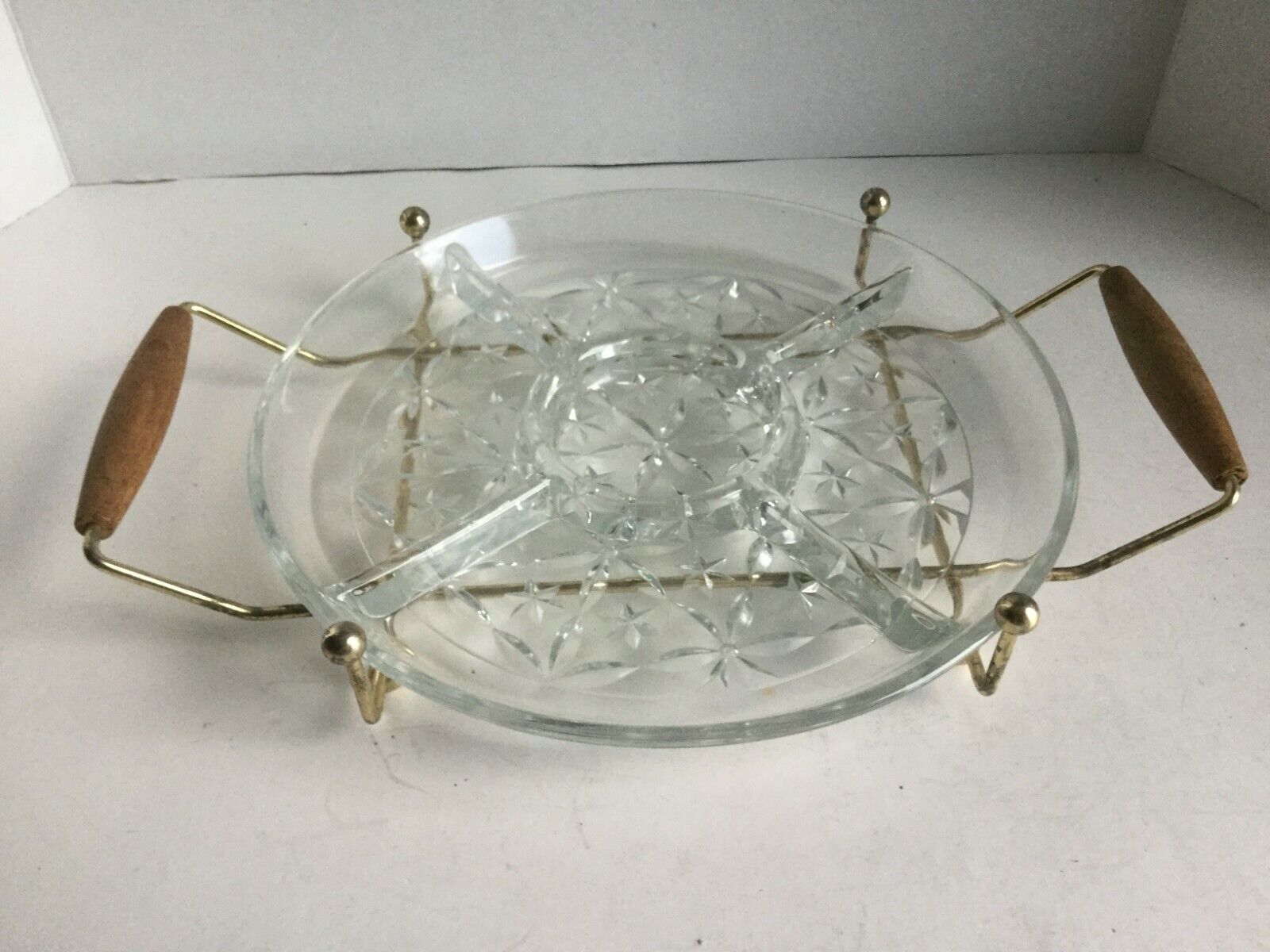 Vintage clear glass divided Stars relish serving dish plate 10 Inch w/holder 