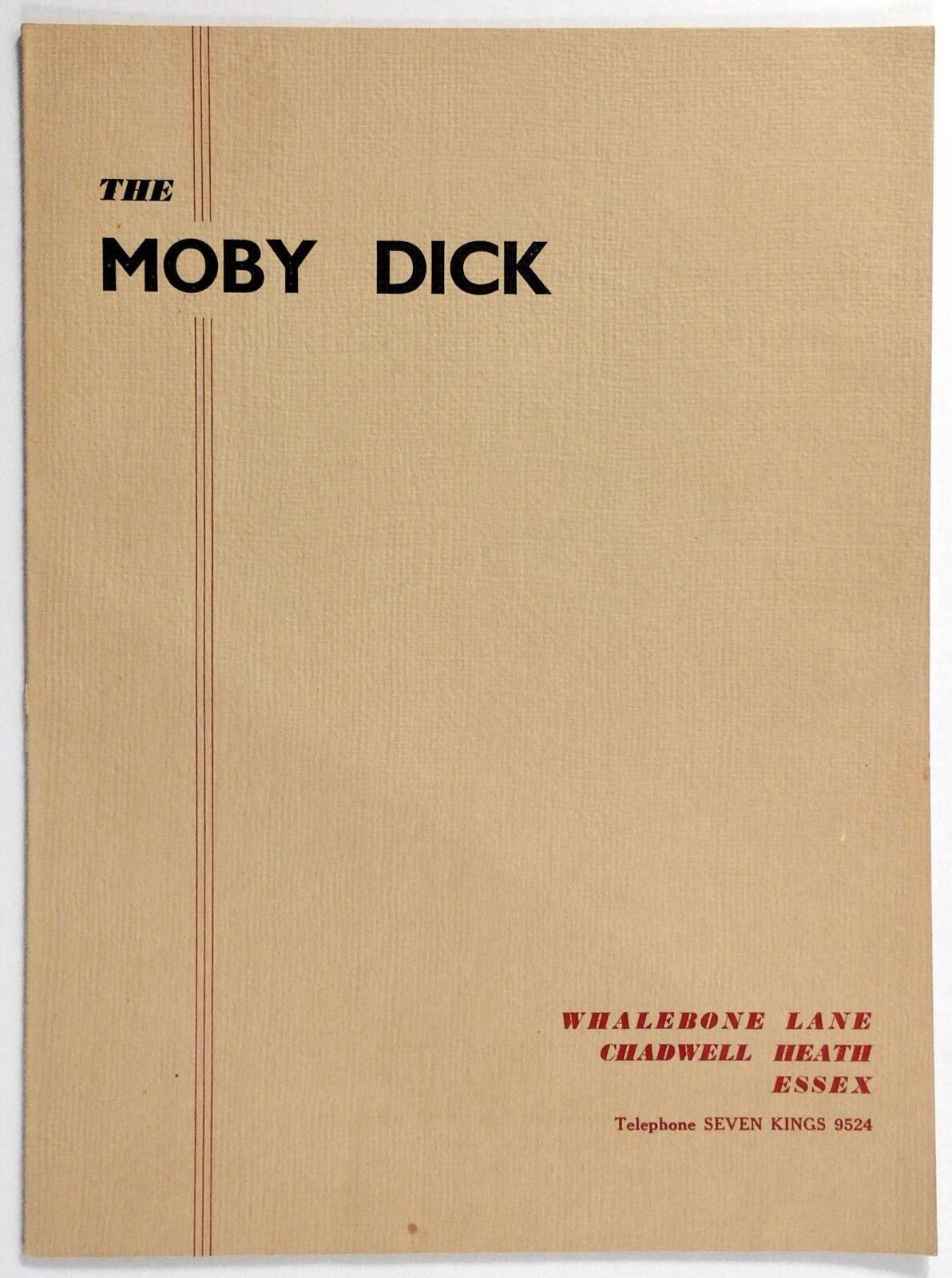 1960\'s Vintage Menu With Wine List THE MOBY DICK Restaurant Chadwell Heath UK