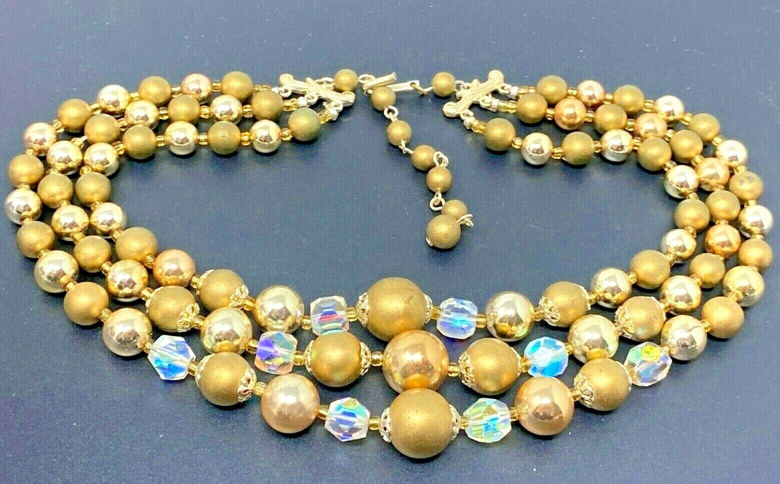 Vintage Gold tone Crystal Beaded Multi strand Necklace 16\