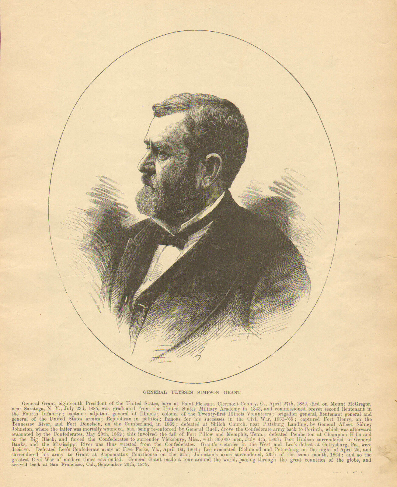 Civil War, Gen. Ulysses Simpson Grant, President, Vintage 1889 Antique, Print,